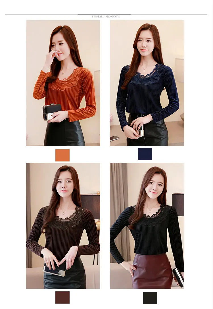 Winter Lace Patchwork Velour Blouse Women Plus Size Tops Ladies Casual Long Sleeve Femme Shirt Autumn Terciopelo Blusas Mujer (3)