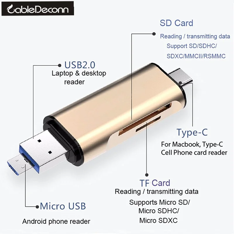 

USB3.1 Type C USB2.0 Micro USB to 2 Slot TF SD 5in1 Card Reader OTG Card Wholesale Gifts for Macbook Cellphone Type-c 2017 Hot