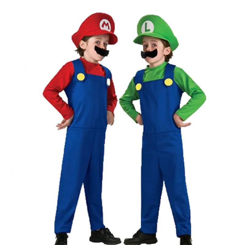 New Super Mario Cosplay Costumes Kids Adult Funy Luigi Bros Plumber Purim Cartoon Fancy Ball Dress Family Christmas Party Suit