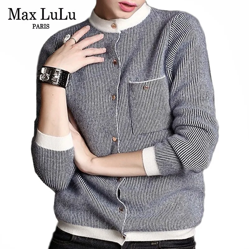Max LuLu Autumn Fashion Korean Style Ladies Vintage Knitwear Women Striped Knitted Sweater Casual Oversized Turtleneck Cardigans |