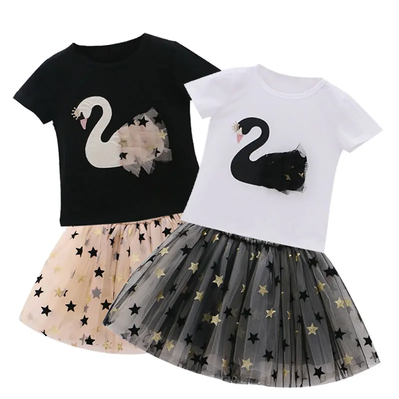 

DZYECI Flamingo Lace Dress For Baby Girl TUTU Frock Summer Kid Swan 3D T Shirt+Star Outfit Festive Child Back To School 10 Year
