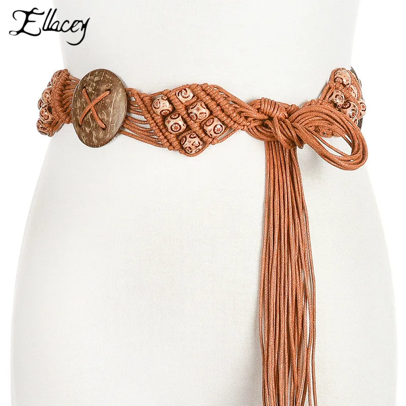 New Ethnic Style Wax Rope Woven Handmade Knitting Belt Bohemian Style Waist Wood Dress Skirt Adjustable Belt Tassel