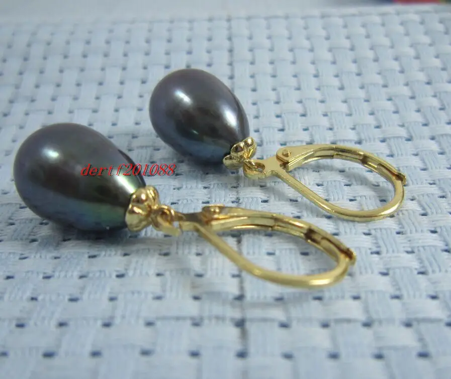 

Free Shipping >>>> real 8.5x13 MM Australian AAA++ south seas black pearl earrings 14K Gold clasp