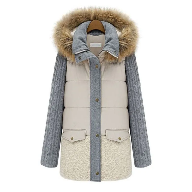 Высококачественное зимнее пальто с воротником из натурального меха, женские теплые парки, шерстяная Лоскутная куртка для женщин, зимняя куртка CC225