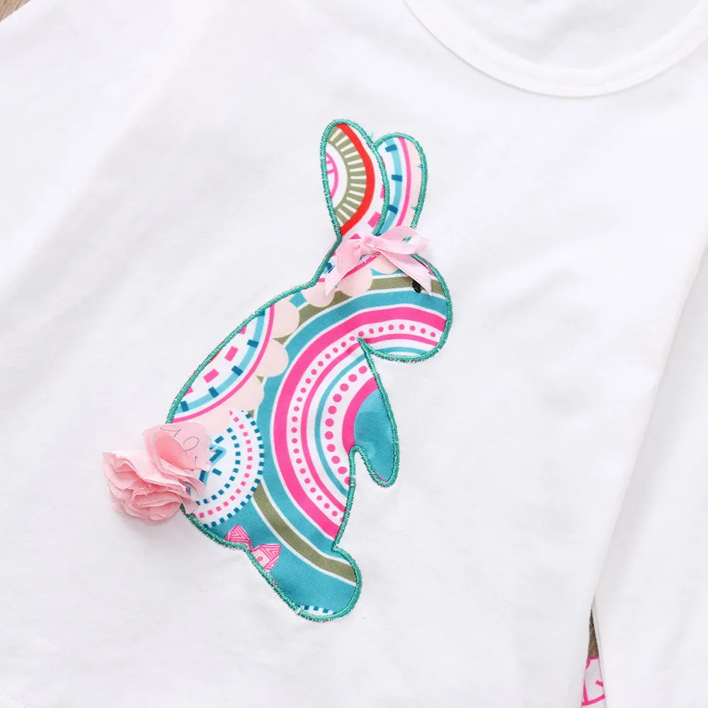 Günstige Ostern Kinder Mädchen Kleidung kinder Mädchen Ostern Outfits Bunny Muster Animal Print Shirts Rüschen Glocke Hosen Kleidung Set