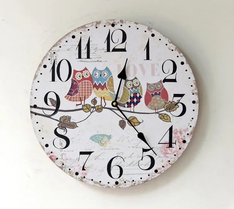 Любовь Сова Pattern Картина Дерево настенные часы 35 мм круглые декоративные