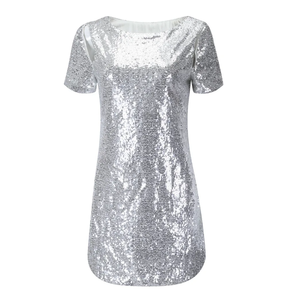 

Women's Polyester Sexy Solid Color Short Sleeve Sequined Halter Straight Above Knee Dress Ladies Mini Dress Spring New Clothes
