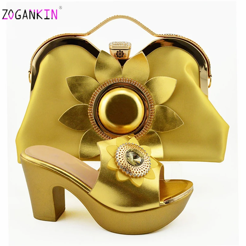

2019 New Design Gold Color African Shoes with Matching Bags Set Peep Toe Slipper with Flower Shoes Matching Bag for Royal Party