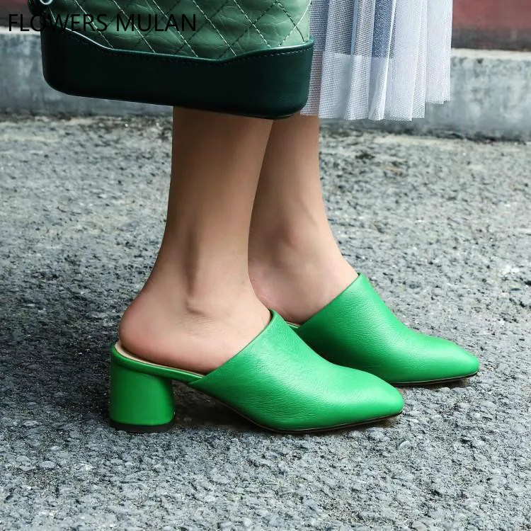 

Luxury Green Black Beige Leather Slipper Women Chic Square Toe Slip On Ladies Mules High Heels Female Slingbacks Brand Slides