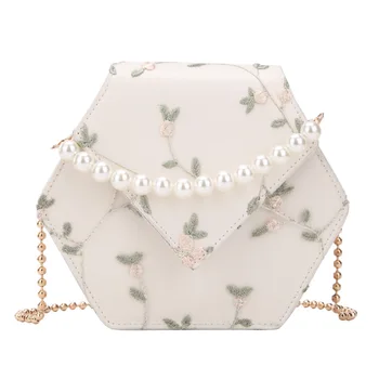 

Bags for Women 2018 Hexagonal Tea-coloured Bag Off White Lace Pearl Chain Small çanta Fairy Luxury Handbags Women Bags Designer