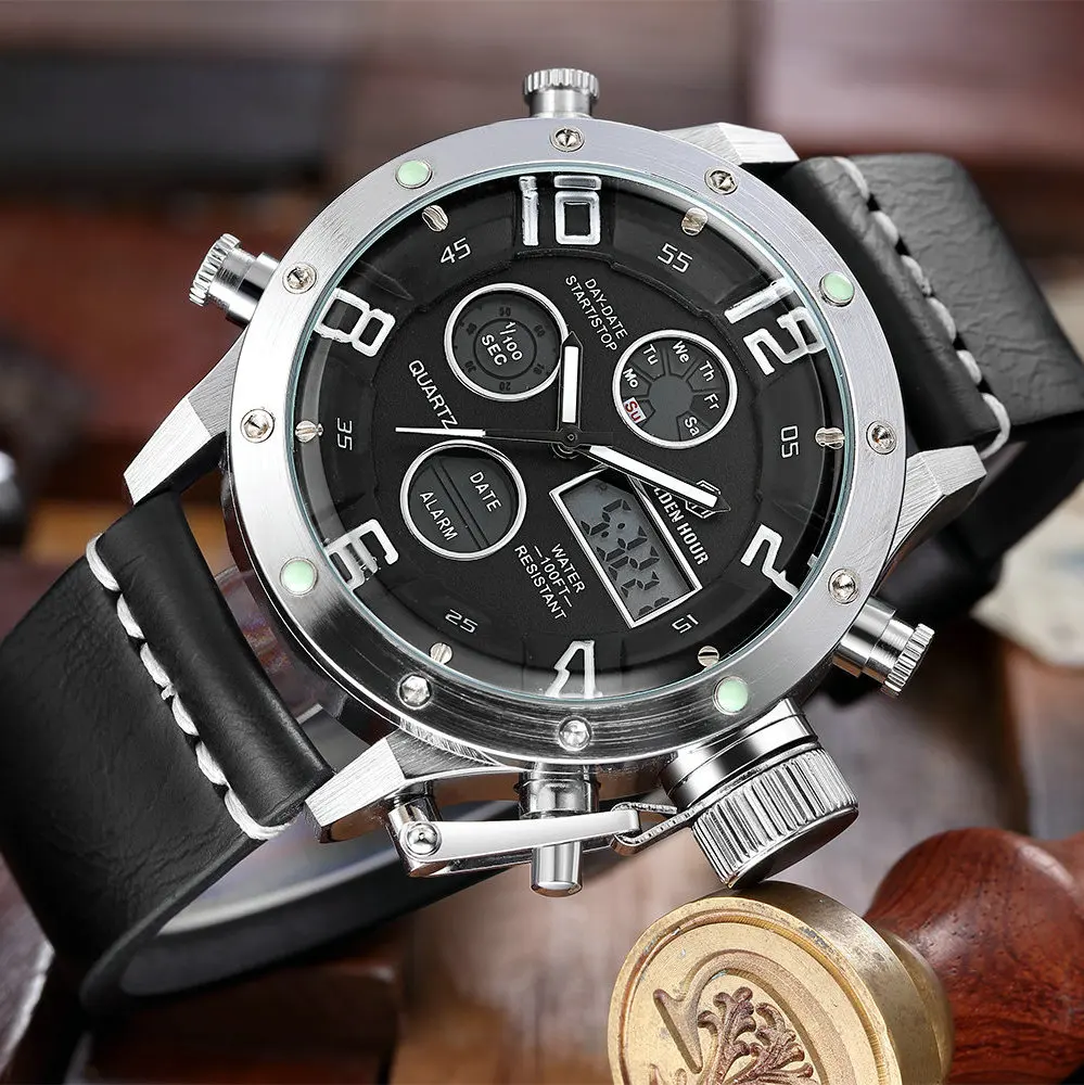 

GOLDENHOUR Casual Military LED Digital Watch Men Leather Strap Multifunction Chronograph Calendar Alarm Waterproof Wrist Watch