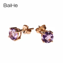 BAIHE 6 мм круглый разрез натуральный аметист Твердые 14 к розовое золото Серьги Для свадебное кольцо для женщин модные вечерние ювелирные изделия
