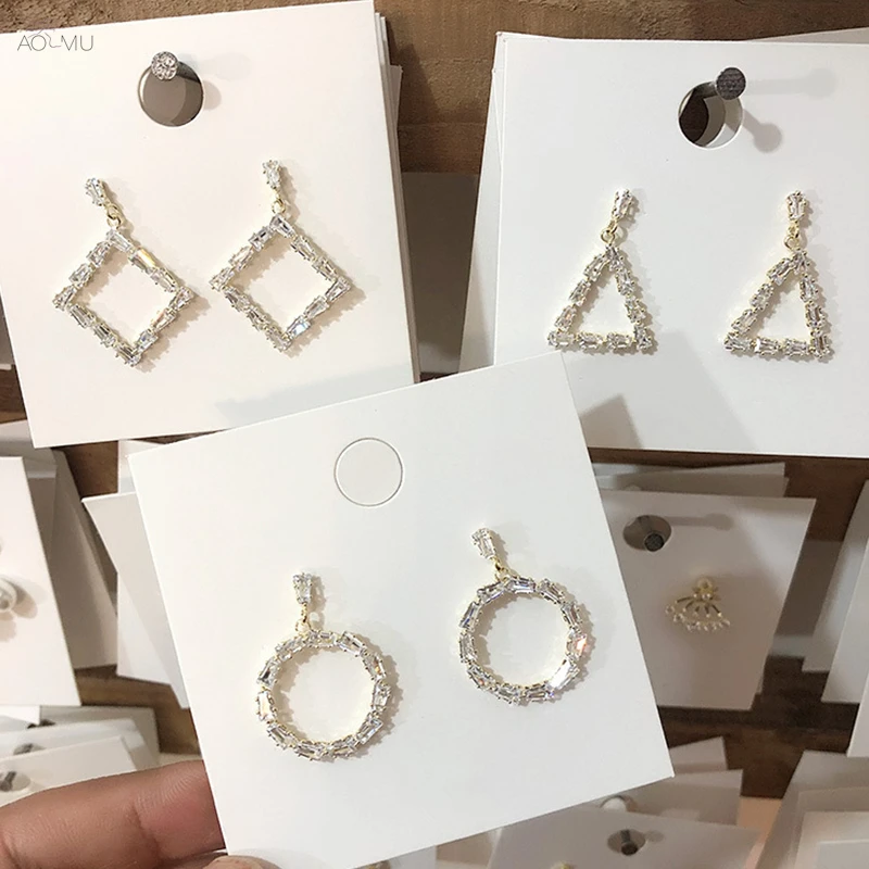

AOMU S925 Sterling Silver Pin Zircon Geometric Circle Round Triangle Square Hollow Dangle Drop Earrings for Women Girl Party