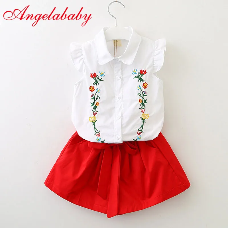 

2019 Girls Clothes suits Flower Shirt Top + Shorts 2 Pcs Children's Embroidered Flying Sleeves Korean Kids Set