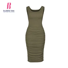 Sleevess Dress Women Summer Solid Color Sheath Slim Ladies Party O Neck Casual Ruched Bodycon Pencil Dress Bubblekiss