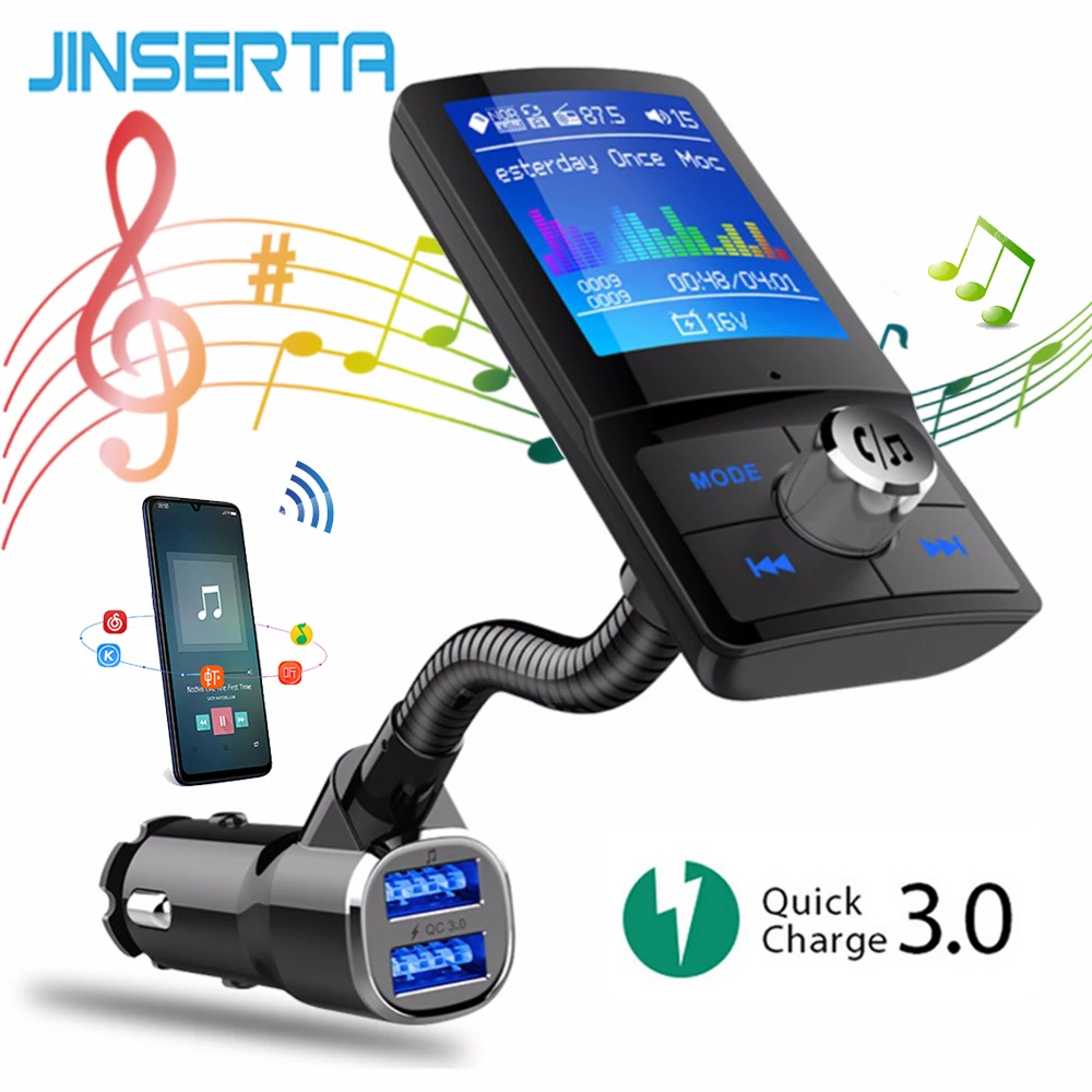 

JINSERTA Car MP3 Player Bluetooth FM Transmitter QC3.0 Car Charger Wireless Handsfree Support USB Flash TF Card Music Play