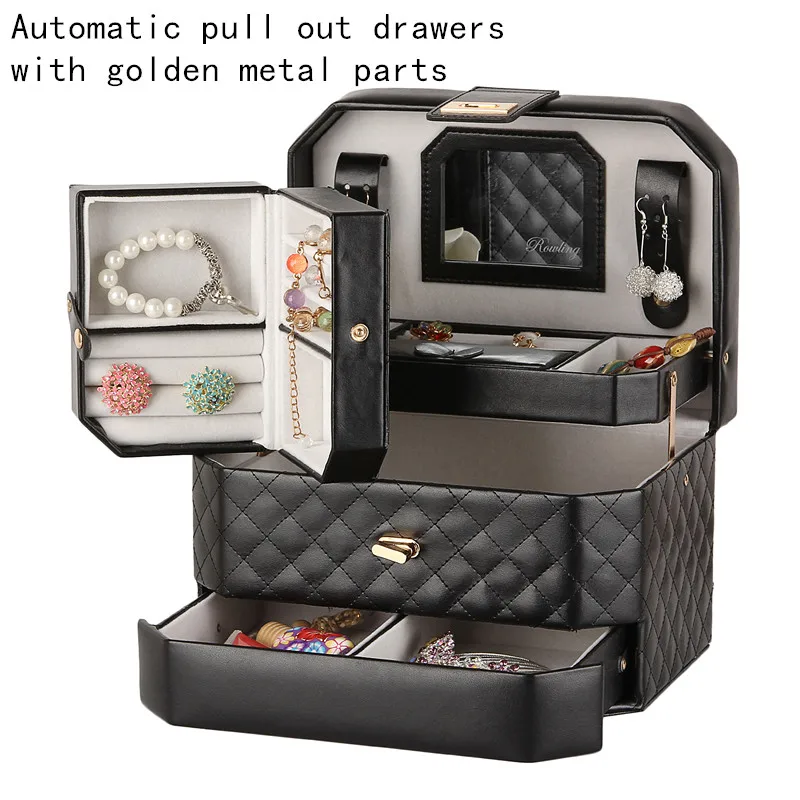 Large Faux Leather Black Jewelry Box Rings Necklace Jewellery Case