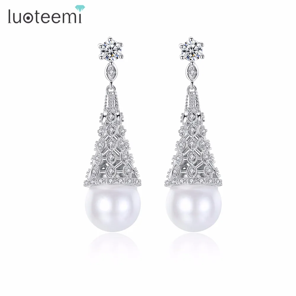 

LUOTEEMI New Statement Drop Earrings Noble Jewelry for Women Wedding Party Micro Paved Cubic Zircon with Imitation Pearl Brincos