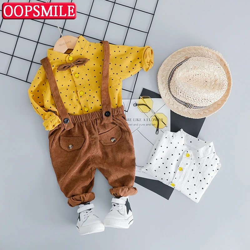 

Boy Girl Clothing Set Printed Shirt Overalls Strap For 1 2 3 4 Years Baby Spring Fall Cotton Children Kids Boys Infant Clothing