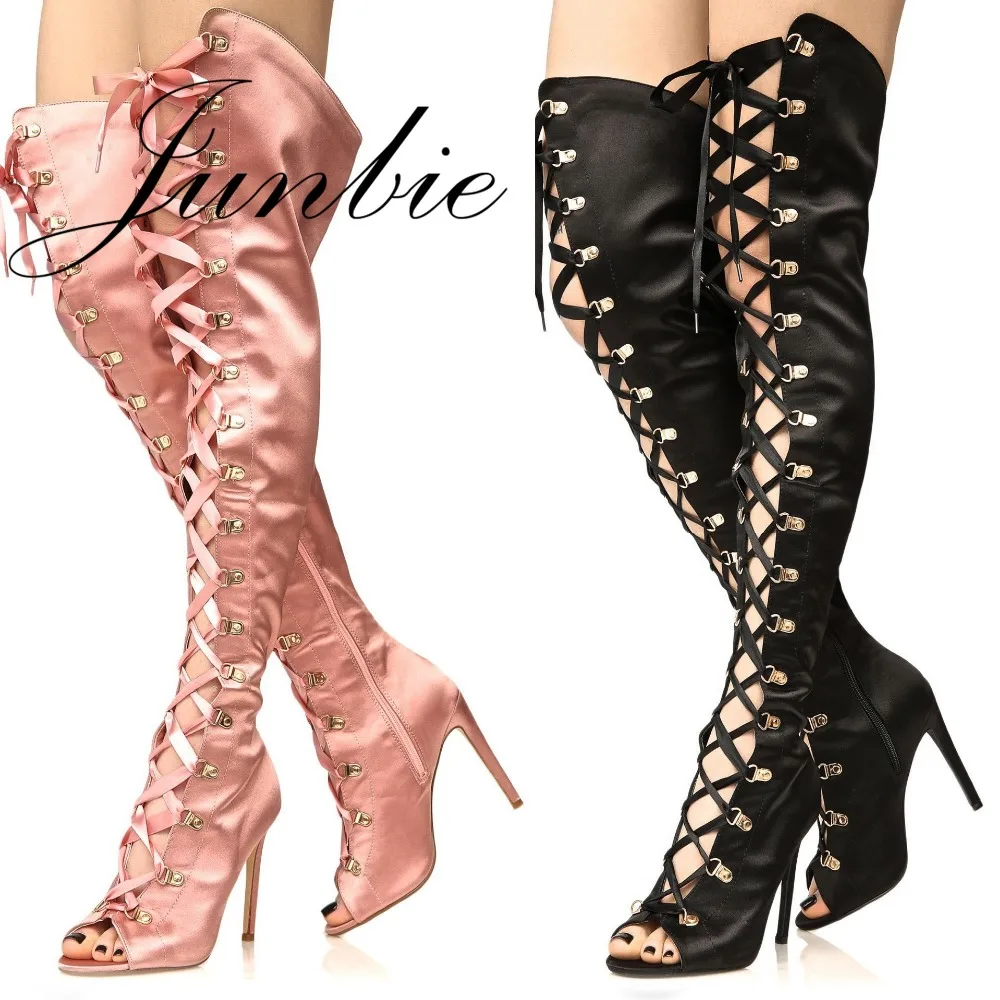 

JUNBIE New Sexy Open Toe Gladiator Lace Up Over The Knee HIgh Thigh High Boots Satin Autumn Spring Long Boots Shoes Women