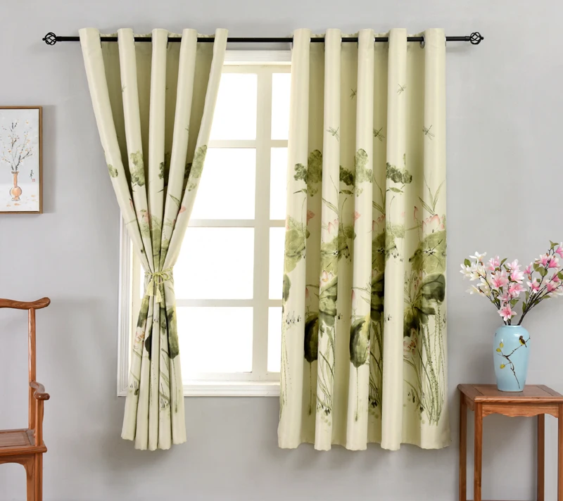 Pastoral Green Print Lotus Leaf Short Curtains for Kitchen Door Window Blackout Curtains for the Living Room Drapes PC004#4