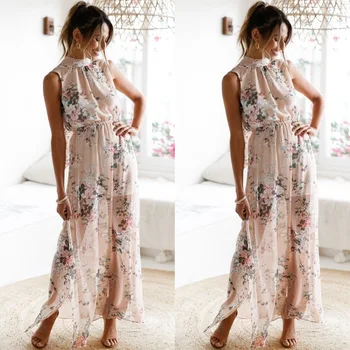 

Women Floral Print Halter Chiffon Long Dress 2019 Sexy Backless Split Maxi Dresses Vestidos Casual Beach Summer Dress