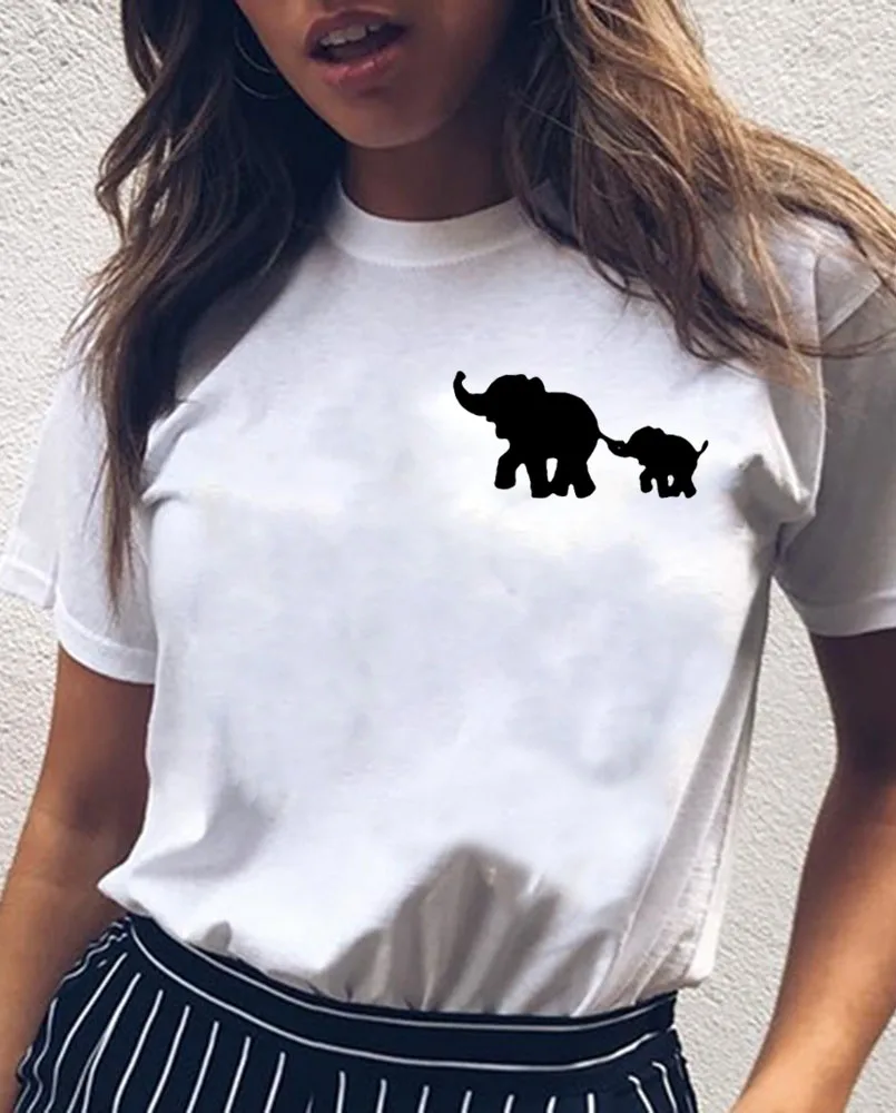 

Elephant Baby Summer Women’s T-shirt Short Sleeve Funny T shirts Women Tshirt Women Top Black White Loose Tee Femme