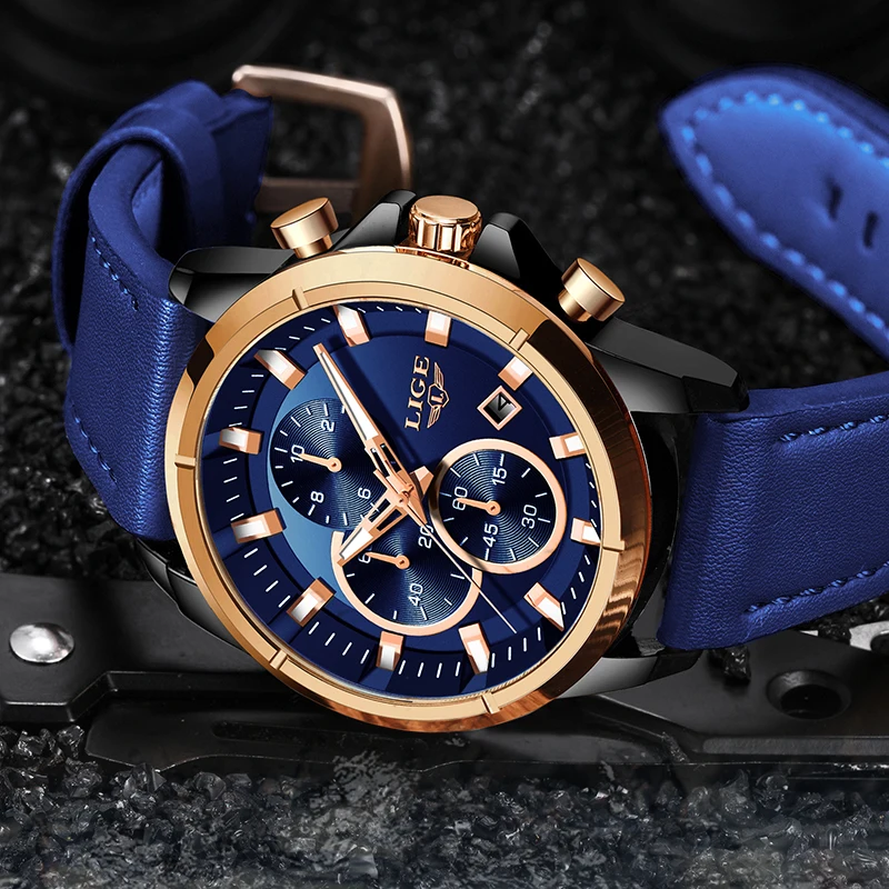 Online LIGE Casual Sport Uhren Für Männer Blau Top Marke Luxus Military Leder Armbanduhr Mann Uhr Mode Chronograph Armbanduhr