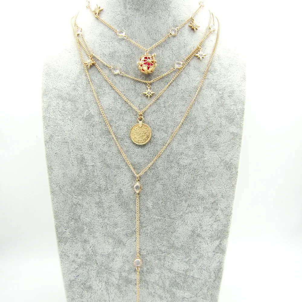 

New Trendy Style Crystal Stars and Locket Cage Pendant Fashion Multi Rows Essential Oil Diffuser Chain Necklace