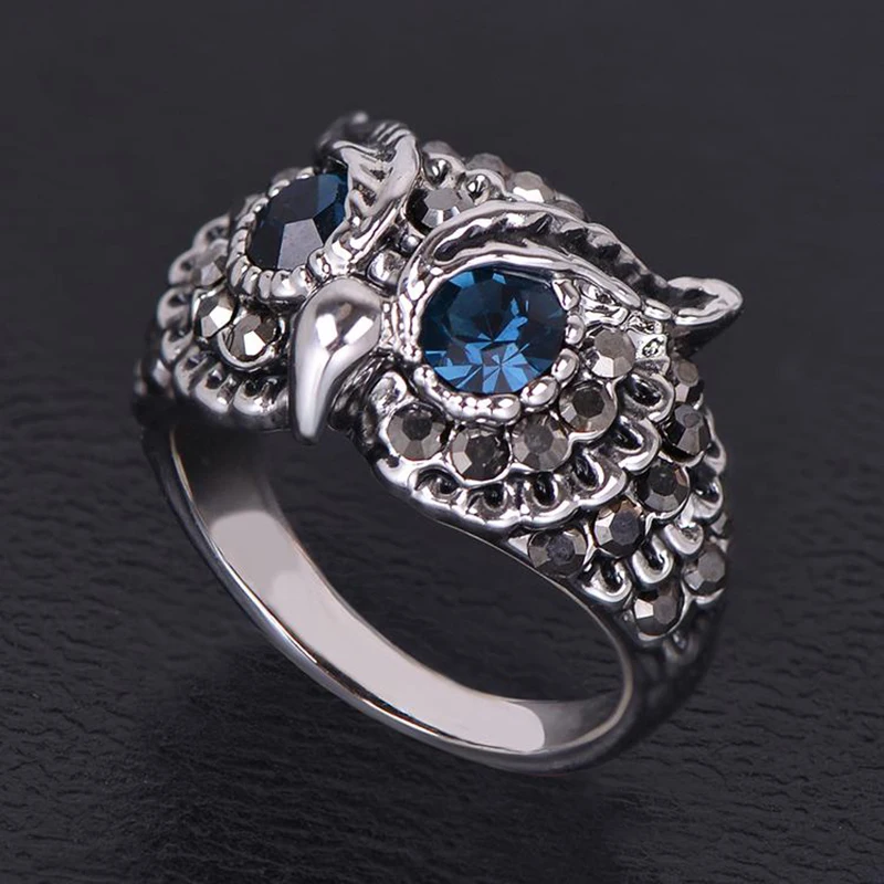 

High Quality Trendy Jewelry Retro Cooper Owl Ring with Rhinestone White Gold Finger Rings for Love's(AKA0005-2)