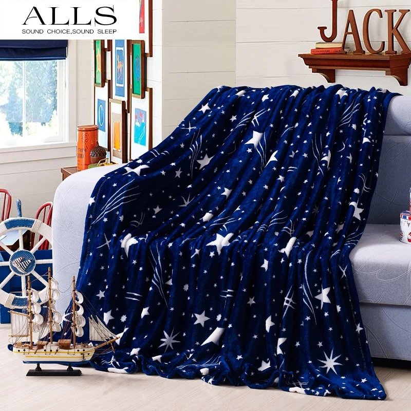 Flannel blanekts on the bed blue/white star throw blanket mink/ fleece