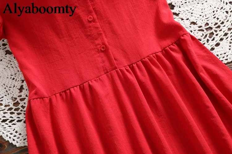Японское летнее женское красное платье в стиле мори, воротник Питер Пэн, повседневное свободное женское платье, короткий рукав, хлопок, лен, милое консервативное платье