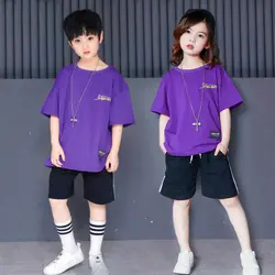 Фиолетовый мальчиков и девочек Бальные хип-хоп Джаз танца Конкурс костюмы Костюмы Детская Вечеринка этап одежда футболка топы и шорты