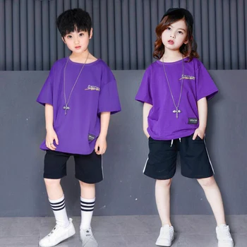 

Purple Girls Boys Ballroom Hip Hop Jazz Dance Competition Costumes Clothing Children Party Stage wear T Shirt Tops Shorts Outfit