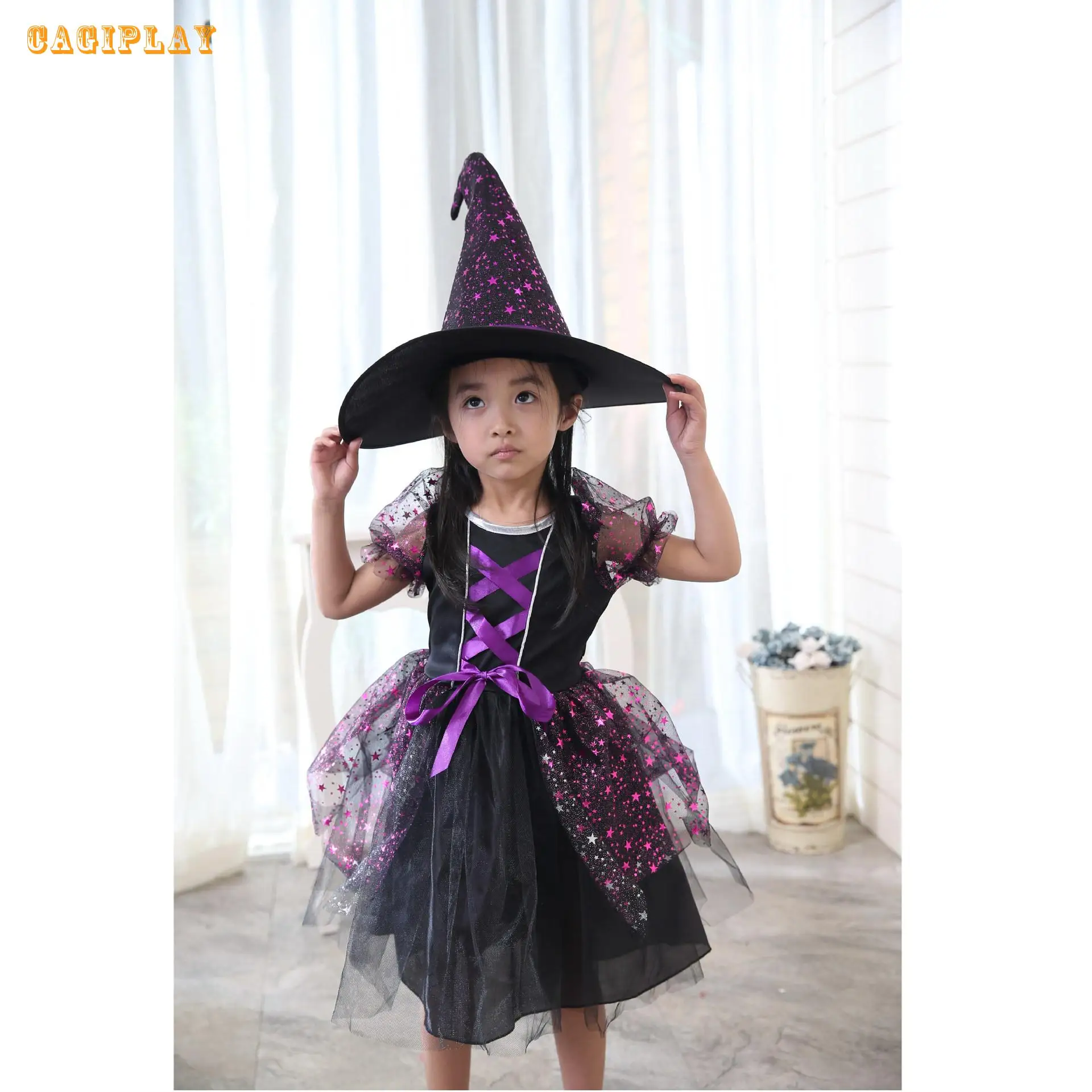 

2018 New Deluxe Princess Purple Witch Dress Girl Carnival Cosplay Clothing Halloween Costume For Kids Age 3-10 Years