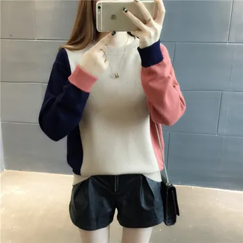 

2020 loose pullover sweater female color block decoration sweater o-neck long-sleeve sweater