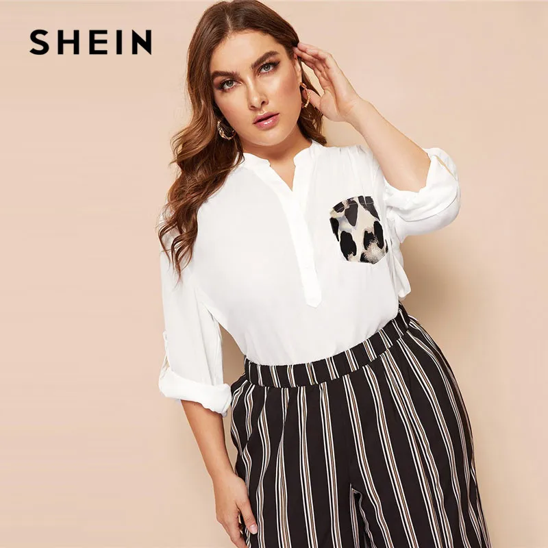 

SHEIN Plus Size White OL Casual Leopard Print Pocket Patched Rolled Tab Sleeve Blouses Women Casual Half Placket V Neck Tops