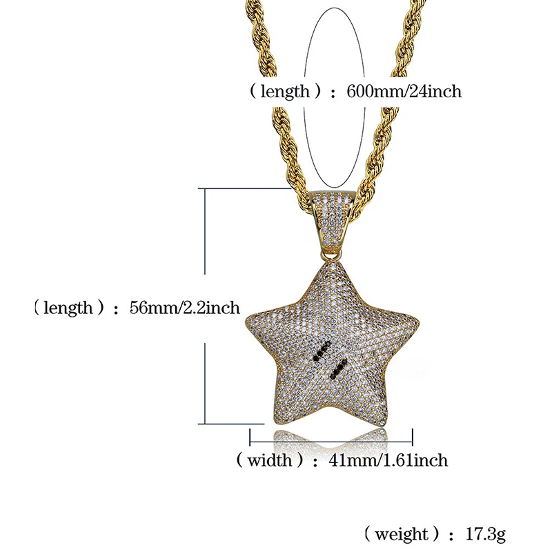 18k Yellow Gold-Plated Cubic Zirconia Mario Star Pendant with 1.5mm 30 Box Chain NIVS BLING