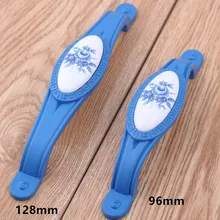 128mm fashion blue dresser door handle white and blue porcelian kitchen cabinet drawer pull knob 96mm blue flower ceramic