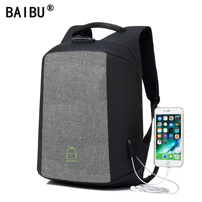 

BAIBU USB Charging Laptop Backpack Anti-theft Code Lock Travel Bag Big Capacity Headphone Hole Shoulder Schoolbag for Teenagers