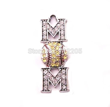 

New fashion 100pcs a lot antique silver color zinc with sparkling Yellow crystals Softball MOM Crystal Pendant