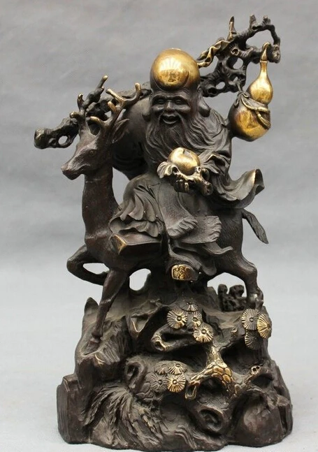 

zhaorui488420+ + 11" Chinese Pure Bronze Longevity God Hold Peach Ride Deer Pine Tree Statue