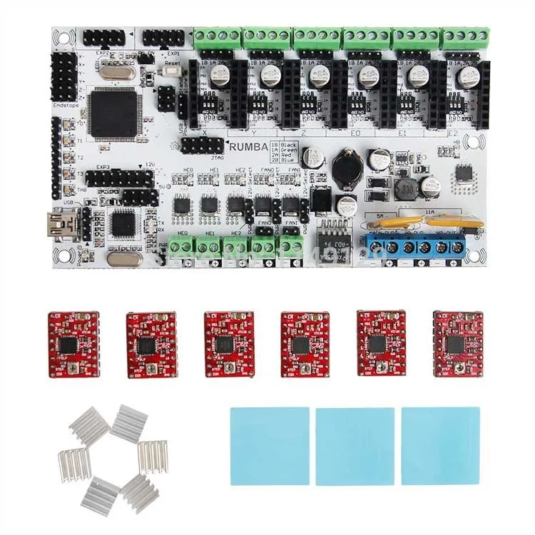  Free Shipping 3D Printer Start Kits Mother Board Rumba Board With 6pcs A4988 Stepper Driver 6pcs Heatsink 3pcs Sticker 