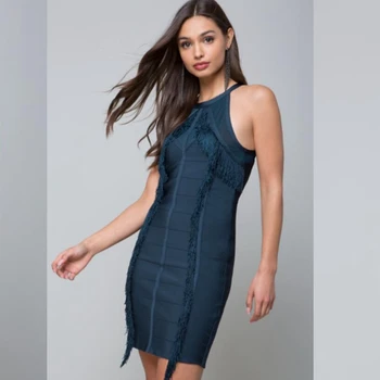 

Sexy Women Black navy blue Tassels Sleeveless Bandage Dress Elegant Knee-Length Spring 2018 Celebrity Vestidos Dresses Clubwear