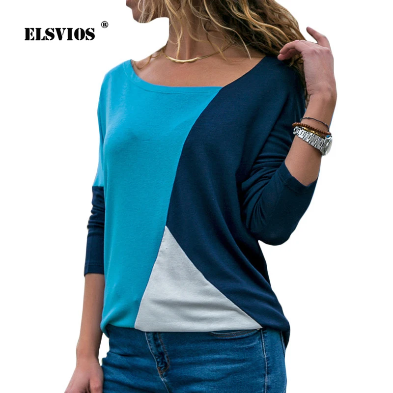 ELSVIOS Women Casual Skew Collar Patchwork Shirt Spring Long Sleeve Blouse Ladies Slim Office Blouses Basic Tops Tee Blusas 2XL 