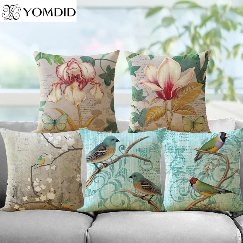 261 10 De Réductionfleur Oiseau Motif Housse De Coussin De Haute Qualité Coton Taie Doreiller En Lin Belles Fleurs Maison Canapé Voiture