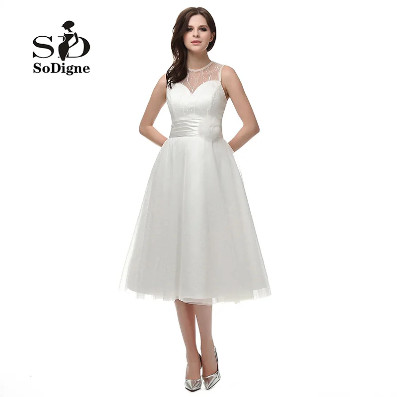 

Wedding Dress 2018 SoDigne Mid-Calf Flowers Hot Sale Pleat Button Elegant White A Line Vestido De Noiva Pleats Bridal Gown