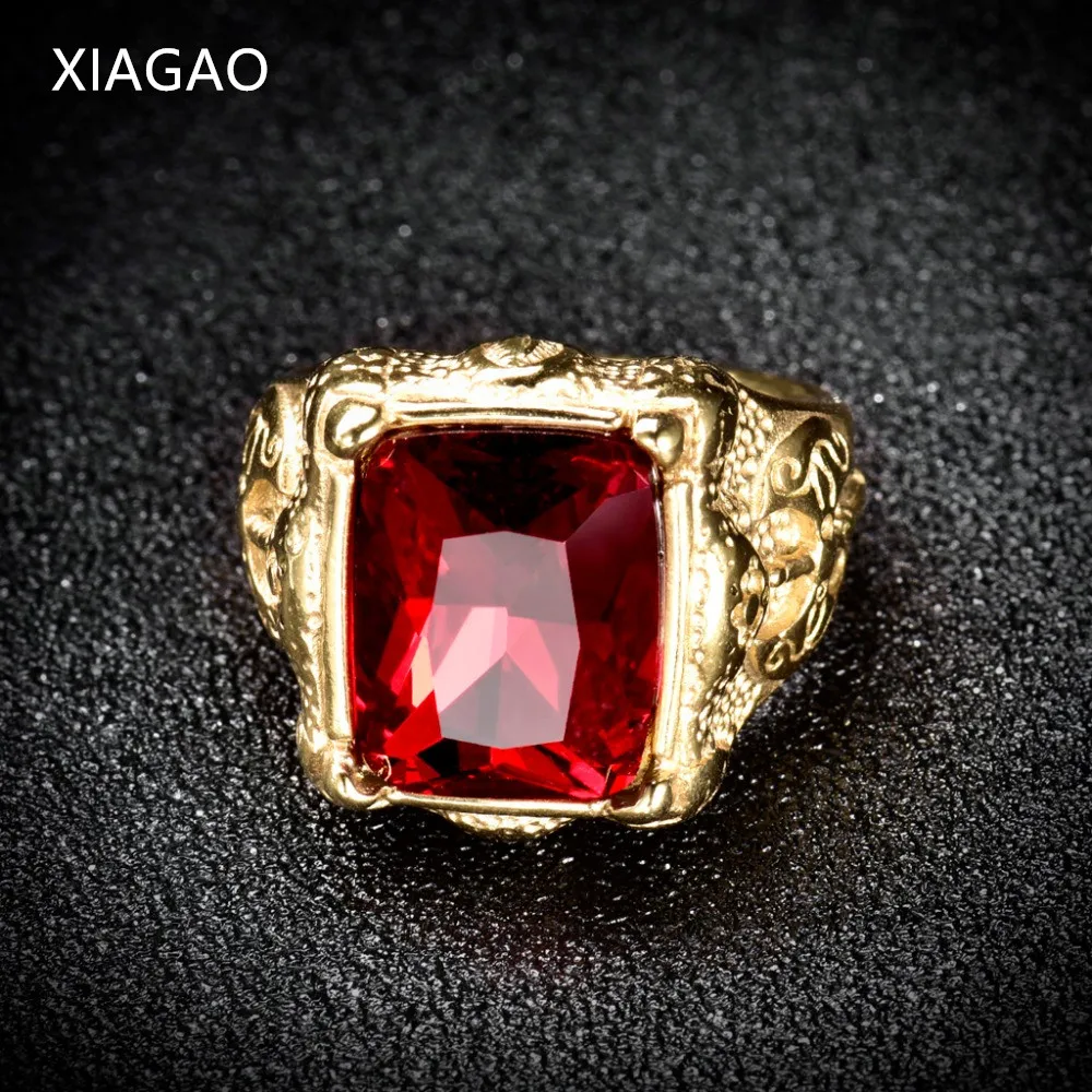 XIAGAO Ring for Man Gold-color Red Square Stone Titanium Stainless Steel Men Ring Fashion Male's Cross Ring for Boy XGBR165