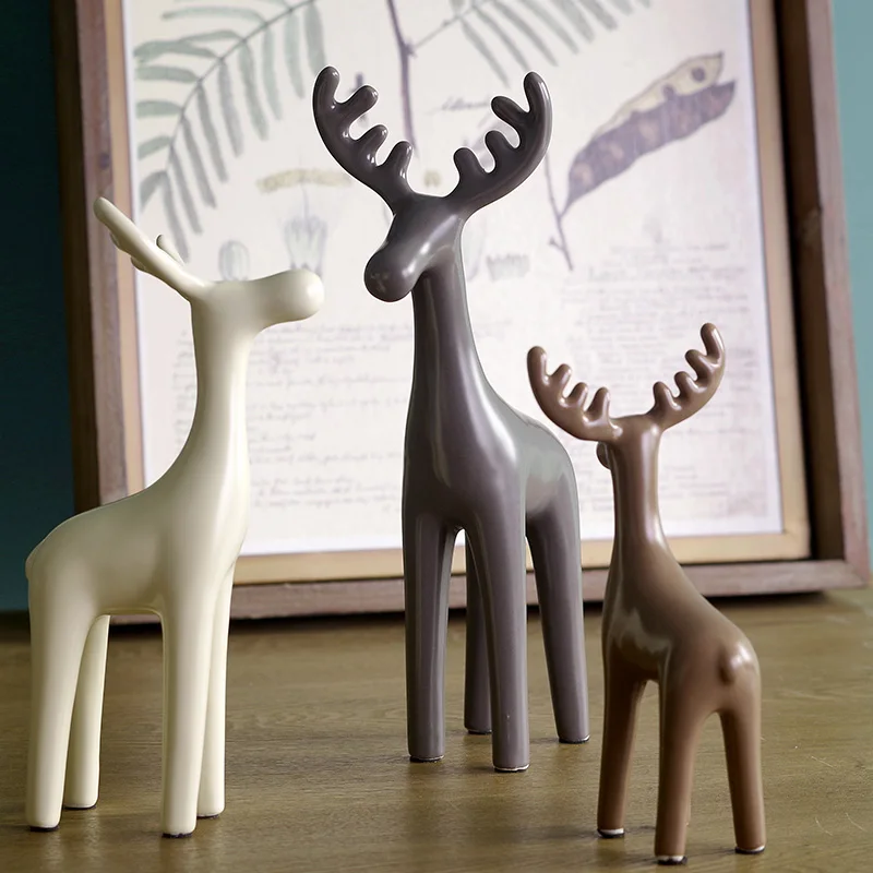 Set of 3 Ceramic Reindeer Figurine Ornament European Style Deer Statue