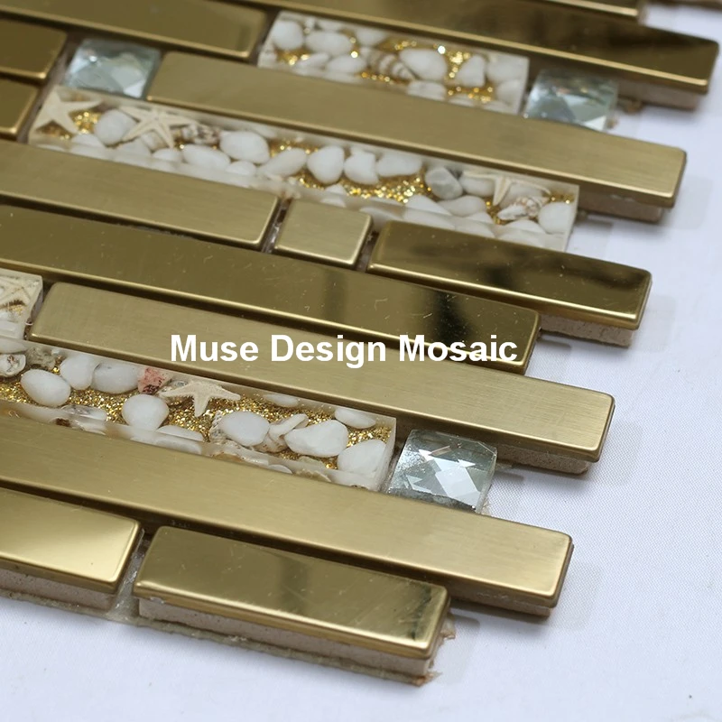 

Interlocking Golden Metal Resin Shell Mirror Glass Mosaic Tile, Kitchen backsplash Shower bathroom fireplace hallway Wall Tille
